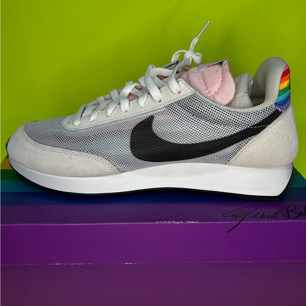 Nike White and Black Sneakers with Rainbow Accent